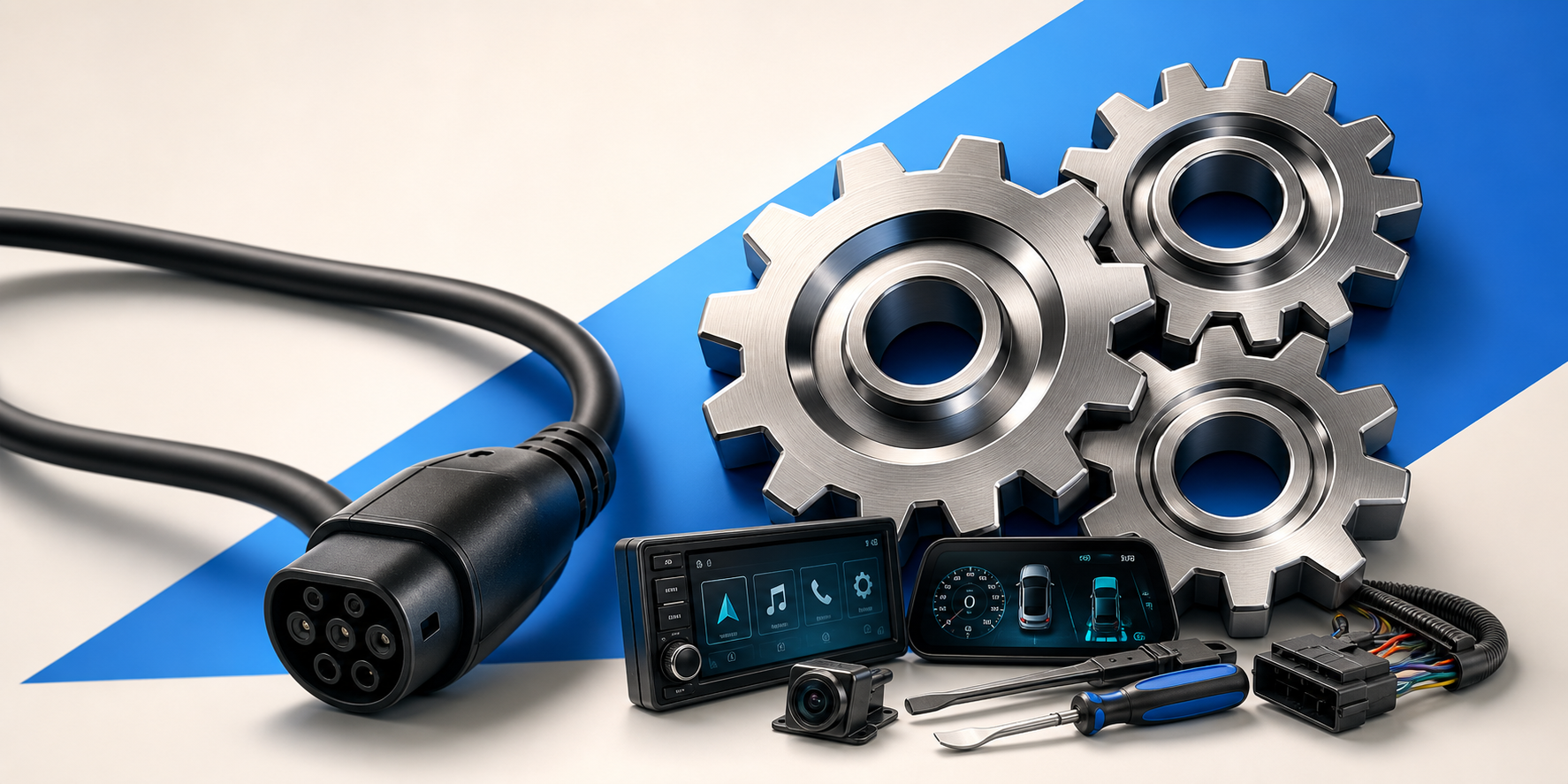 Metallic automotive technology graphic with gears, cable, wiring, and dashboard electronics